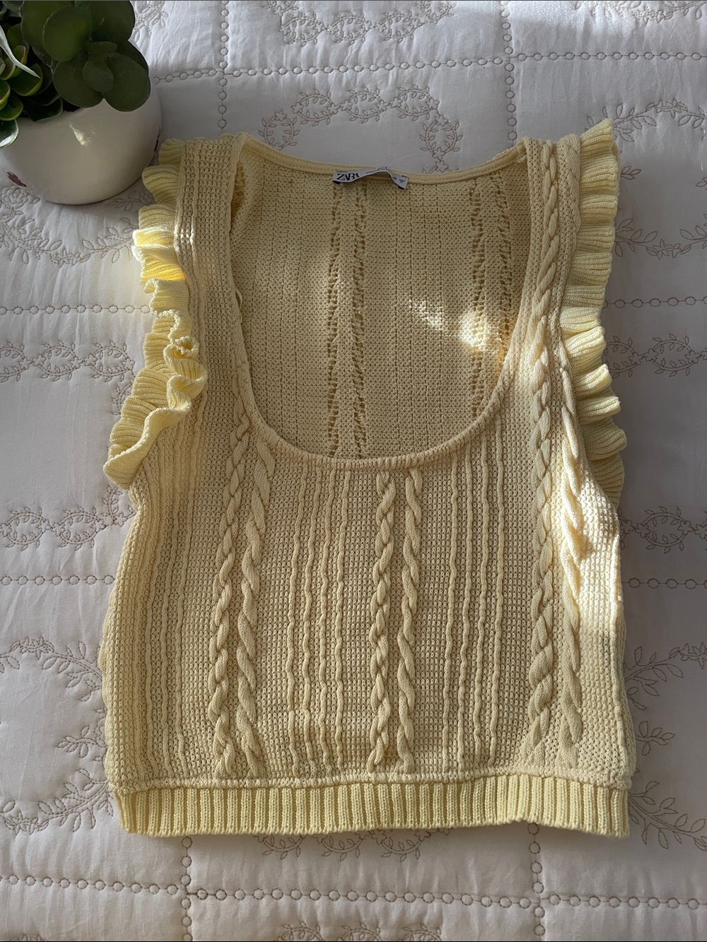 Zara Soft Yellow Ruffle Cable-Knit Tank